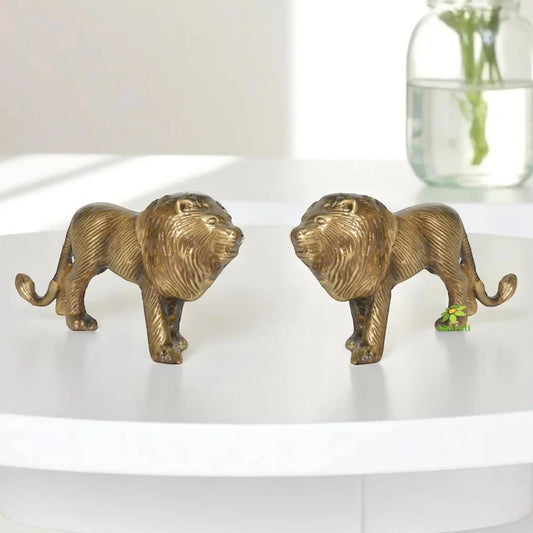 Pair of Animal Statue of Brass of Deorative Lion Metal Figurine for Table Decor / Home Decor / Office Decor Showpiece with Antique Finish. Ulitmate gift for all Aakrati