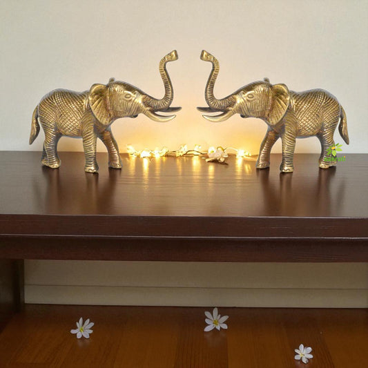 Brass Trunk up Elephant pair statue Fengshui Gift Item Symbol of Goof luck Decorative Showpiece in Antique finish for Home Decor
