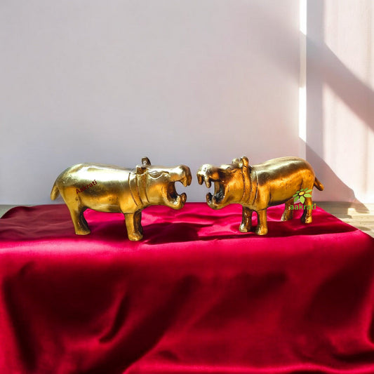 Pair of Animal Sculpture Showpiece of Hippopotamus for Decorative Purpose Handcrafted Metal Statue for Table Decor in Antique Finish Aakrati