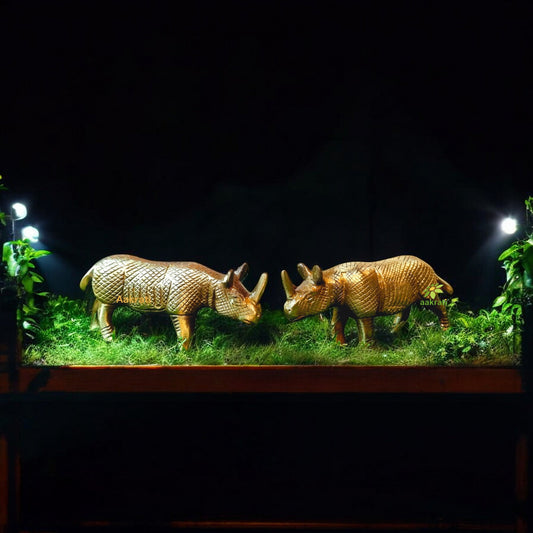Pair of Rhinoceros Statue made of Brass Metal Decorative Animal Figurine Antique finish Sculpture Handcrafted Unique and Rare Showpiece Aakrati