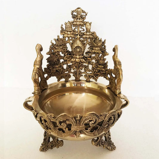Elephant and Lotus design brass urli (bowl size 10 inch) Aakrati