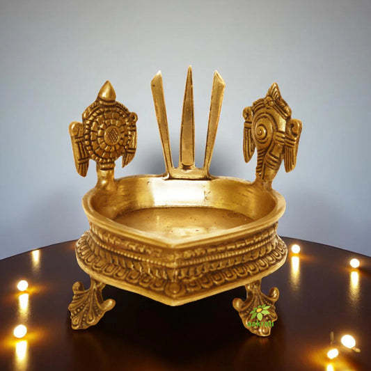 Brass Made Hurli with Sankh Chakra Namah Symbol for Home decor, Hallway Decoration and Gifting with Yellow Finish Aakrati