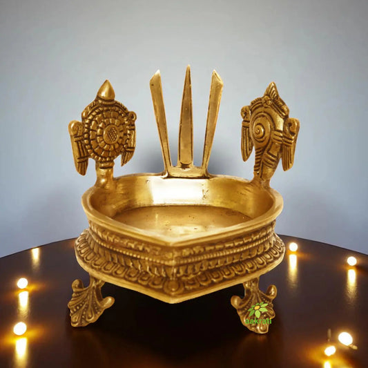 Brass Made Hurli with Sankh Chakra Namah Symbol for Home decor, Hallway Decoration and Gifting with Yellow Finish Aakrati