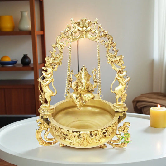 Brass Made Lord Ganesha on swing figure Home/Event Decor Urli Aakrati