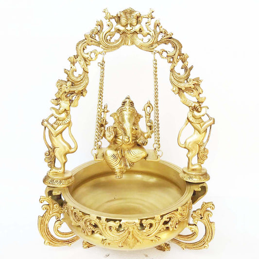Brass Made Lord Ganesha on swing figure Home/Event Decor Urli Aakrati