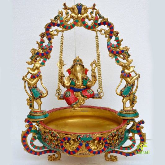 Hurli Ganesh Brass Made Lord Ganesha with stone work on swing figure Home/Event Decor Urli Aakrati