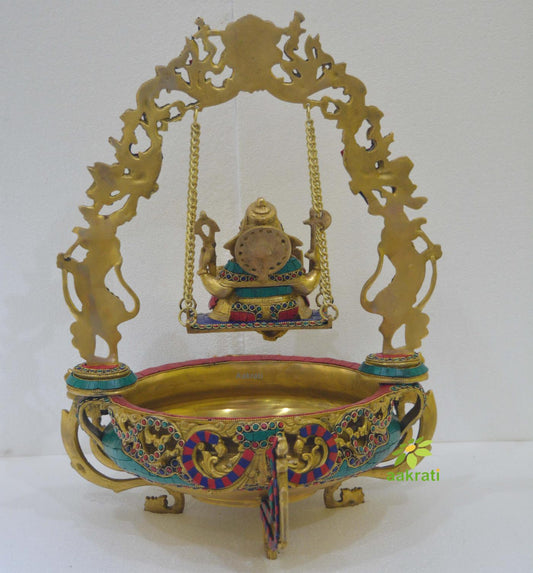 Hurli Ganesh Brass Made Lord Ganesha with stone work on swing figure Home/Event Decor Urli Aakrati