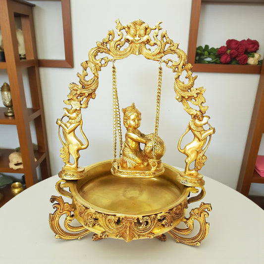 Urli with decoration Brass Made Baby Krishna on swing figure Home office table Decor Decorative Urli