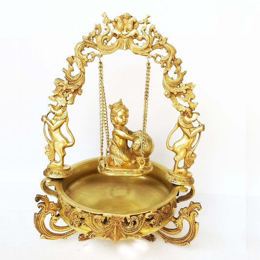 Urli with decoration Brass Made Baby Krishna on swing figure Home office table Decor Decorative Urli