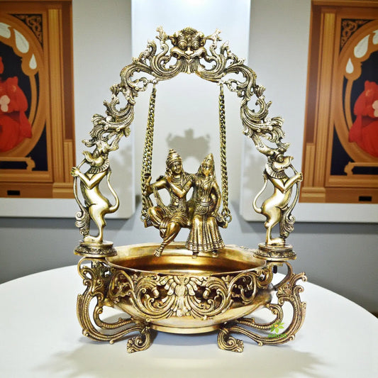 Brass Metal Radha Krishna on swing figure Home/Event Decor Urli Aakrati