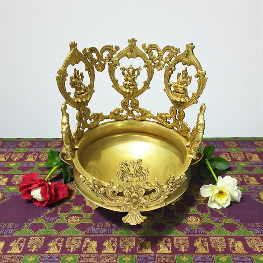 Religious Idol Ganesha Lakshmi Saraswati figure Brass Made Hand Carved Urli Aakrati