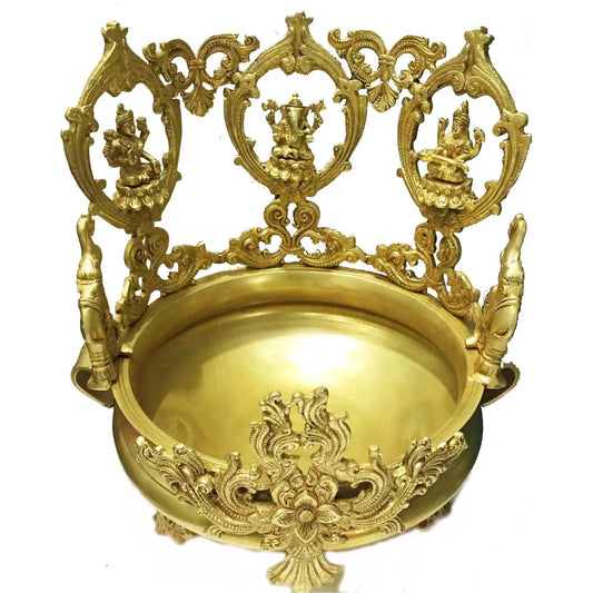 Religious Idol Ganesha Lakshmi Saraswati figure Brass Made Hand Carved Urli Aakrati