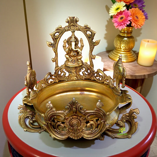 Brass Metal Urli with Religious Ganesha statue , Bowl size 12 inch Aakrati