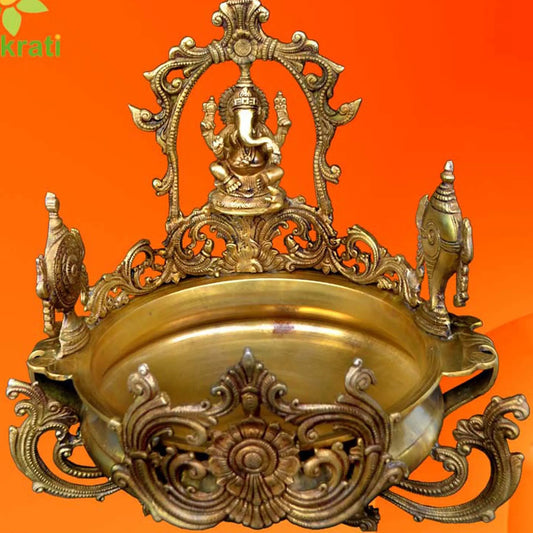 Brass Metal Urli with Religious Ganesha statue , Bowl size 12 inch Aakrati