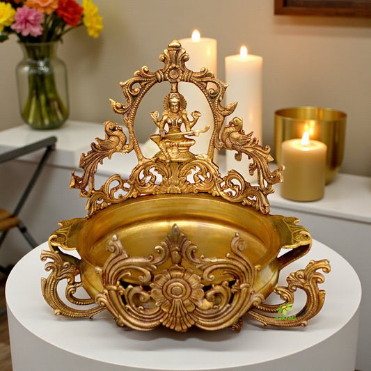 Handmade Brass Urli with Goddess Saraswati 12 inch bowl Aakrati