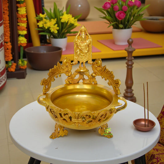 Flower pot Decorative Hand Made Brass Metal Urli with lord Balaji Statue Aakrati