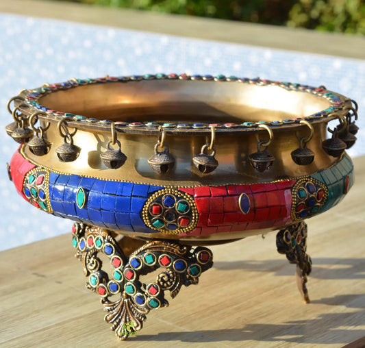 Brass ghungroo - bells Urli with beautiful stone work Traditional Bowl ghungru urli Brass colored urli Brass Oil Lamp Aakrati