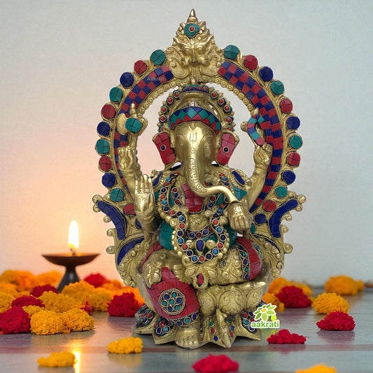 Brass Mangalkari Ganesha Sitting On Lotus Bhagwan Idol Ganesha Statue Ganpati Murti Home Decor- Height : 15 Inches
