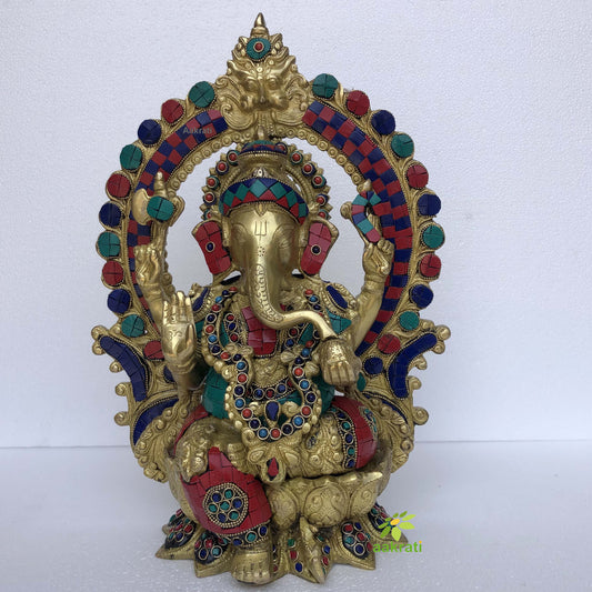 Brass Mangalkari Ganesha Sitting On Lotus Bhagwan Idol Ganesha Statue Ganpati Murti Home Decor- Height : 15 Inches Aakrati
