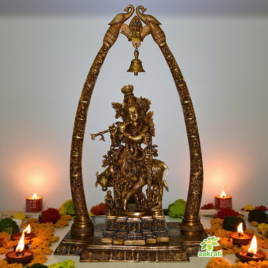 Prabhavaliand Lord Krishna mounted on big Gold frame Temple frame handcrafted .