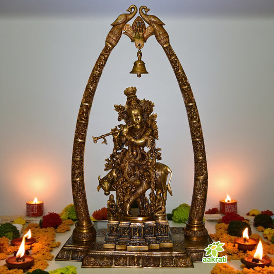 Prabhavaliand Lord Krishna mounted on big Gold frame Temple frame handcrafted . Aakrati