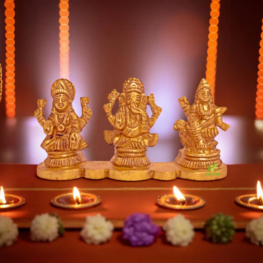 Lakshmi Ganesha and Saraswati Combined Statue of Brass Aakrati