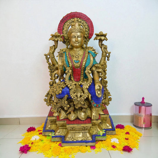 Lakshmi Statue 18 INCH Goddess Lakshmi Idol on Louts, Sitting Lakshmi sculpture, Hindu Goddess Figurines, Home & Temple Decor, Handmade gifts