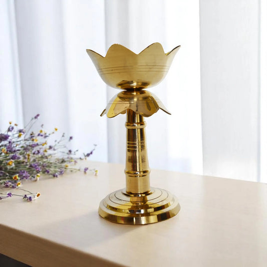 Aakrati Brass Diya, Deepak in Yellow Antique Finish Temple Worship Pooja Item Home Decor Table showpiece Gift - Temple Worship Metal Religious Gift Aakrati