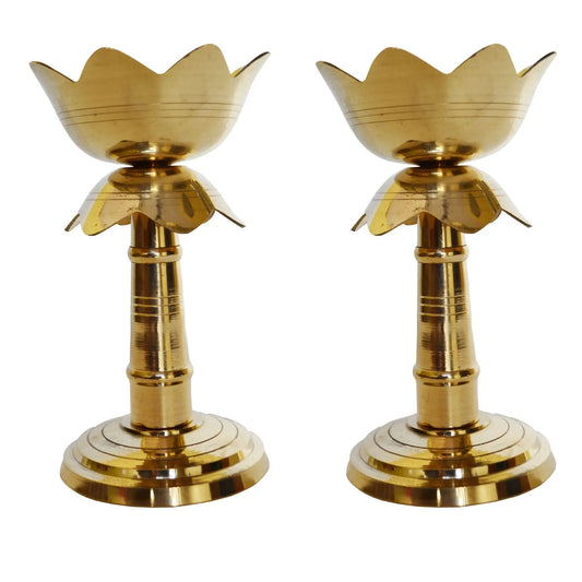Pair of Brass Akhand Diya in Lotus shape in Antique Finish for Temple Aakrati