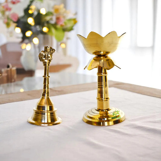 Aakrati Brass Akhand Diya and Hand Bell Combo for Gift Pooja Accessories for Home Temple Aakrati