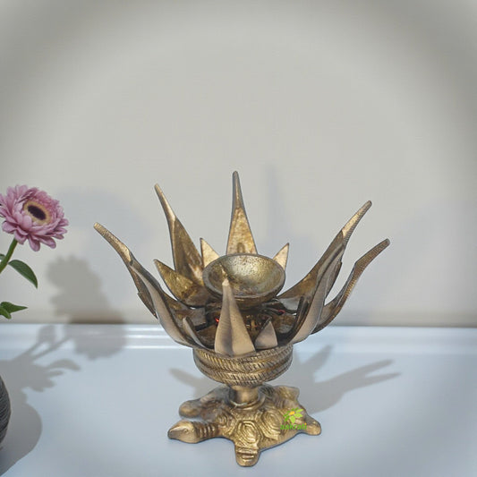 Handcrafted Lotus Shape Brass Diya | Light Up Your Life with Love and Peace | Traditional Brass Oil Lamp ( Yellow, 3.5 inch) Aakrati