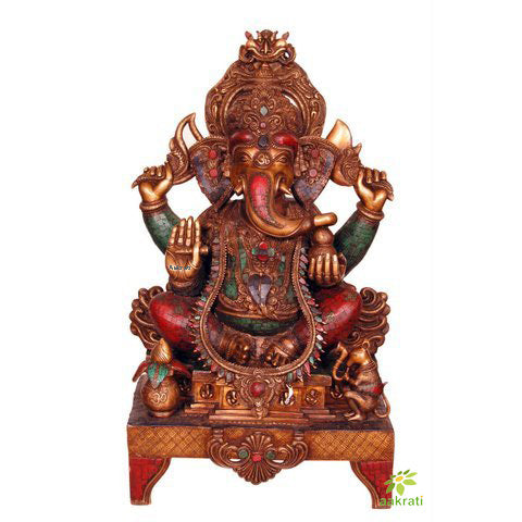 Ganesha Statue on Elephant Head - Ganesh Idol - Ganpati Statue - Vinayaka Statue Home Decor - Indian Brass Sculpture - Mosaic Stone Work Aakrati