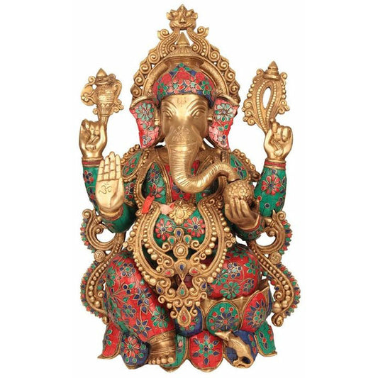 Brass Ganesha Statue Large with Mosaic Stonework, 53 cm Big Large Size Brass Ganesh Sculpture, House warming gift, Hindu wedding gift. Aakrati
