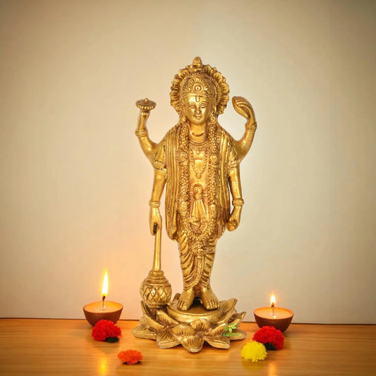Figurine Of Lord Vishnu Made in Brass Handmade Religious Product With Flower Base For Pooja And Home Decoration Aakrati