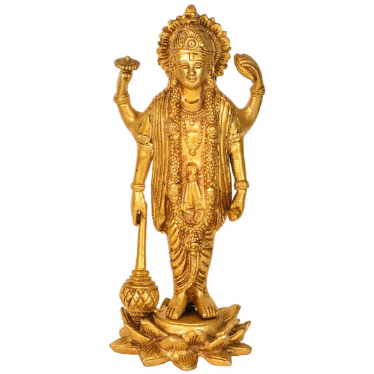 Figurine Of Lord Vishnu Made in Brass Handmade Religious Product With Flower Base For Pooja And Home Decoration Aakrati
