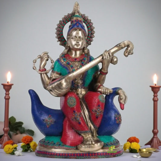 Brass Saraswati Statue with Stonework, big Goddess Saraswati idol in Brass. Hindu Mother Goddess of Arts, Music, Knowledge & Wisdom Aakrati