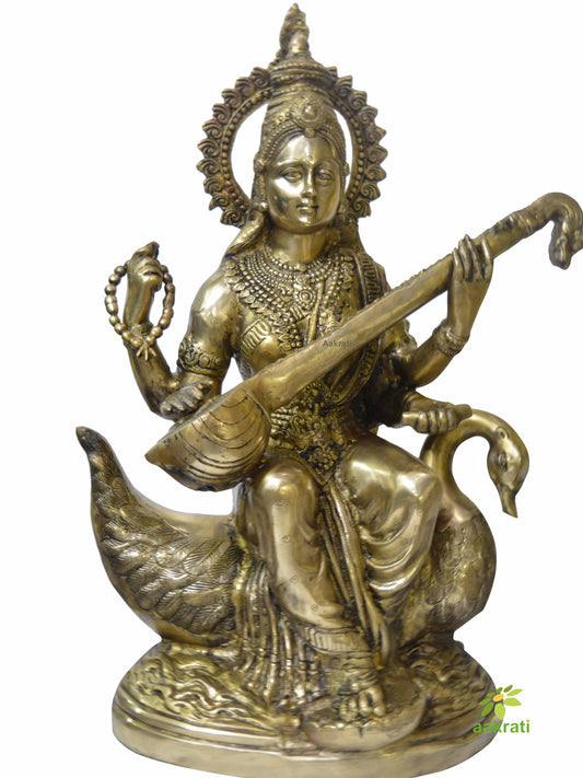 Saraswati Large Solid Brass India Goddess Mata Saraswati Maa Statue Sculpture 28 inch Aakrati