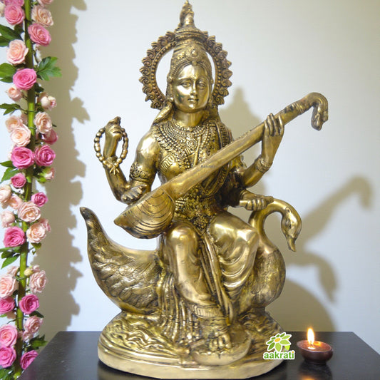 Saraswati Large Solid Brass India Goddess Mata Saraswati Maa Statue Sculpture 28 inch Aakrati