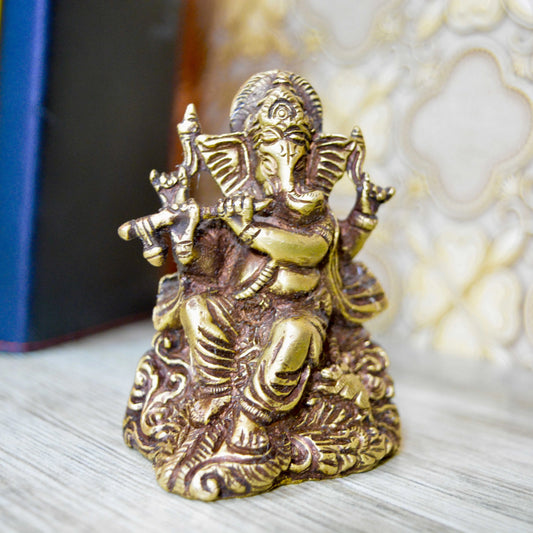Aakrati Brown Finish Small Ganesha with flute for Showpiece and gift Aakrati