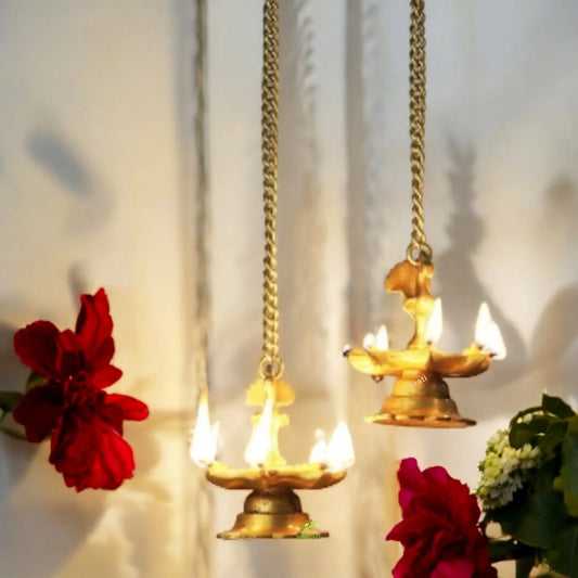 Hanging & Table Brass Diya | Oil Lamp | Home Decor | Diya, Deepak, Deepam (Peacock Diya Pair) with Chain Aakrati