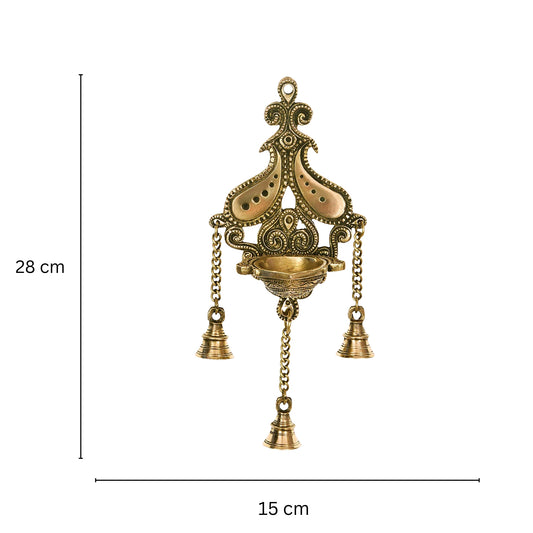 Wall Hanging Brass Diya, Oil lamp, Deepam with Bells in Glossy Black Antique Finished