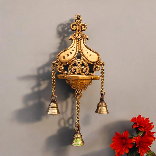 Wall Hanging Brass Diya, Oil lamp, Deepam with Bells in Glossy Black Antique Finished Aakrati