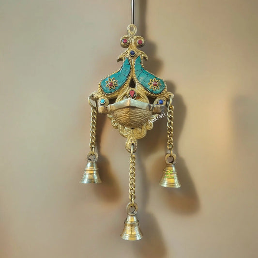 Aakrati Wall Hanging Deepak With 3 Bells| Wall Diya with Bells Made of Brass Metal| Wall Décor| Indian showpiece for Gift|(Multicolor) Aakrati