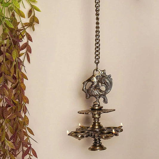 Hanging Bird Diya mad in Brass with 4 Deepak- Antique Finish Home Decor Oil lamp Aakrati