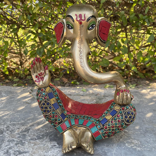 Modern Ganesha sculpture, Elephant face God Statue, Religious Home Decor idol made In brass with stone work Aakrati