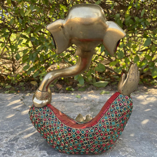 Modern Ganesha sculpture, Elephant face God Statue, Religious Home Decor idol made In brass with stone work Aakrati