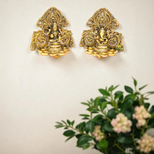 Lakshmi and Ganesha with Diya or Deepak - Wall Hanging (Pair) Aakrati