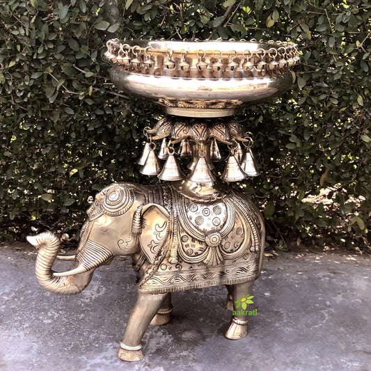 Brass urli with elephant 21 inch, Traditional Bowl, Home Decor Gift, Indian Brass Art Brass Figurine Large Aakrati