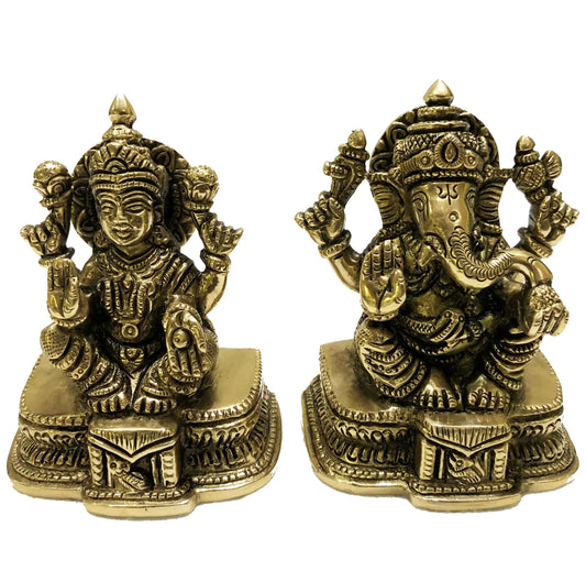Lakshmi Ganesha brass metal hand carved pair statue for home decor/gift Aakrati