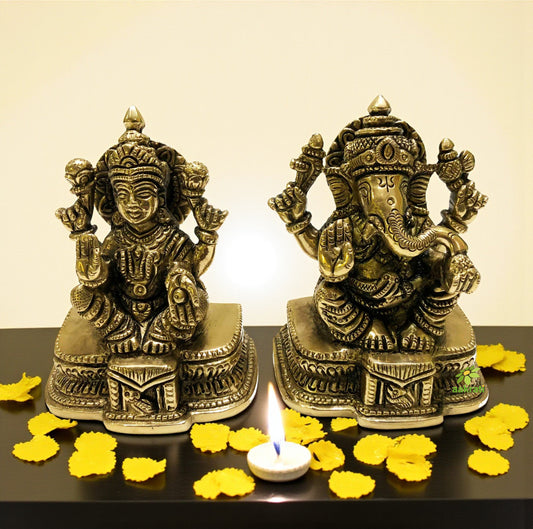 Lakshmi Ganesha brass metal hand carved pair statue for home decor/gift Aakrati
